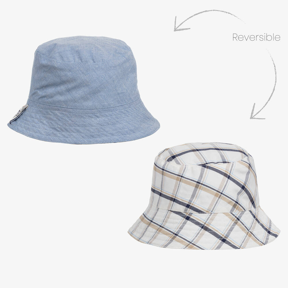 Dr. Kid - Boys Ivory & Blue Reversible Check Sun Hat  | Childrensalon