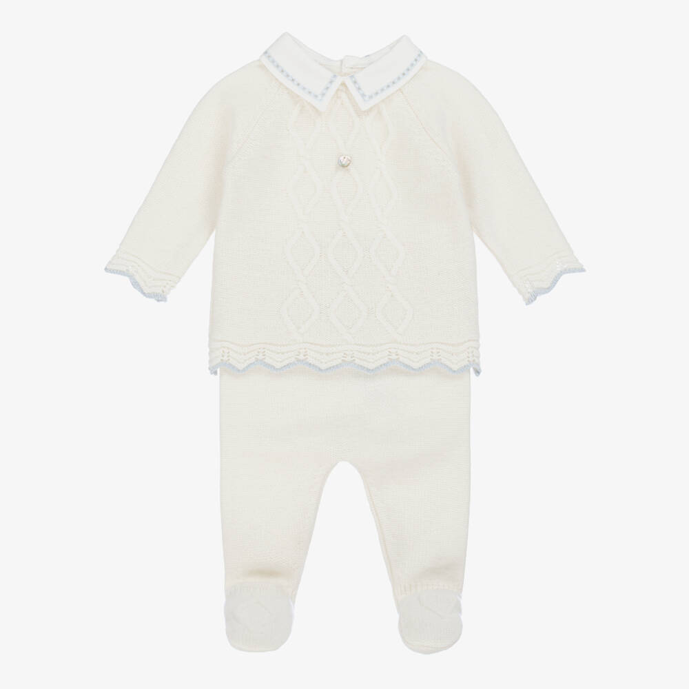 Dr. Kid-Boys Ivory Knit 2 Piece Babygrow with Embroidered Twill Collar | Childrensalon Outlet
