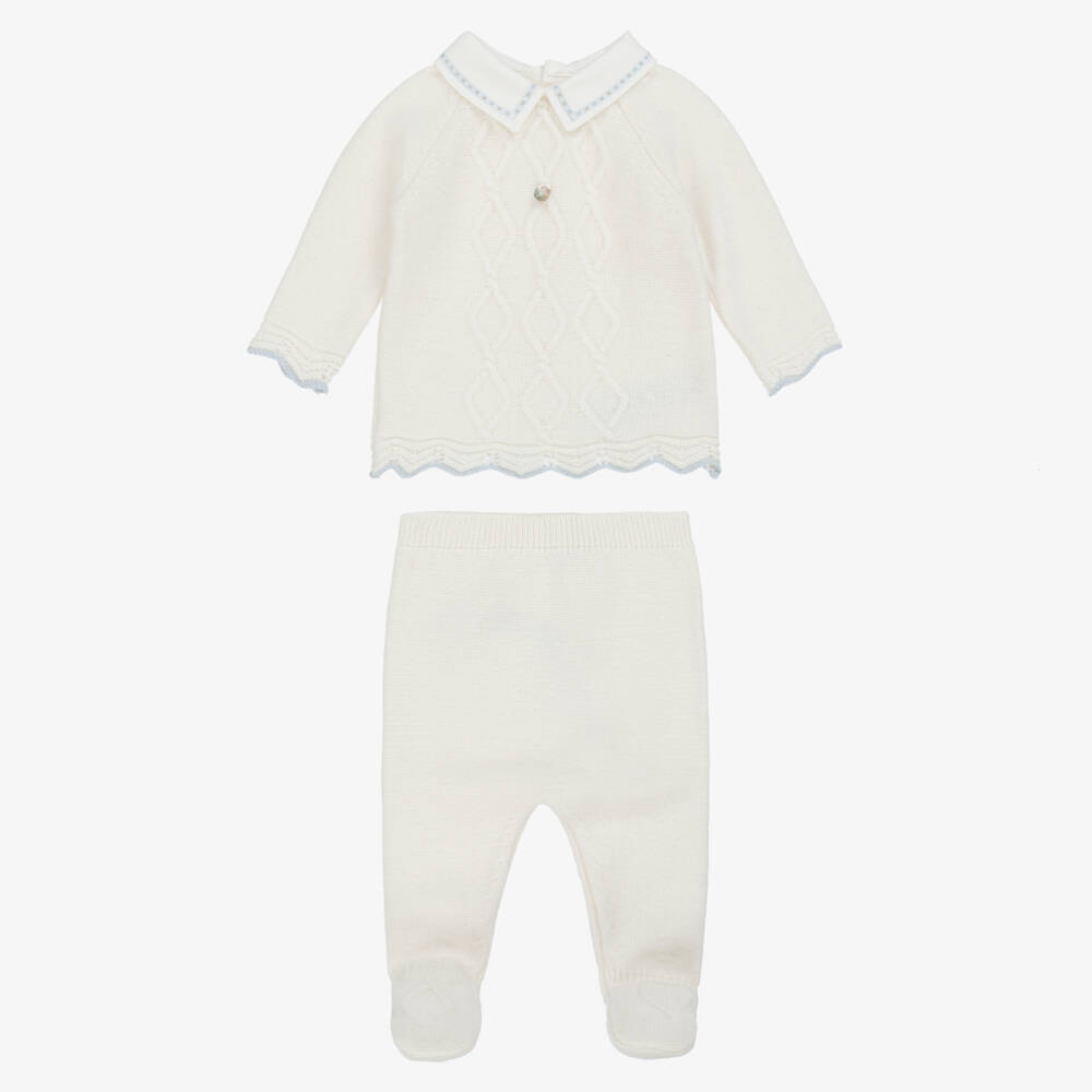 Dr. Kid-Boys Ivory Knit 2 Piece Babygrow with Embroidered Twill Collar | Childrensalon Outlet