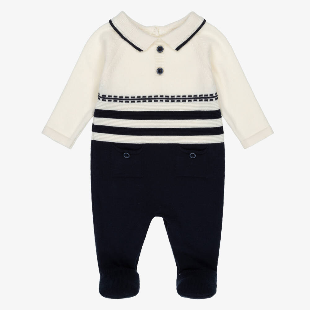 Dr. Kid-Boys Knit Babygrow in Blue Ivory | Childrensalon Outlet
