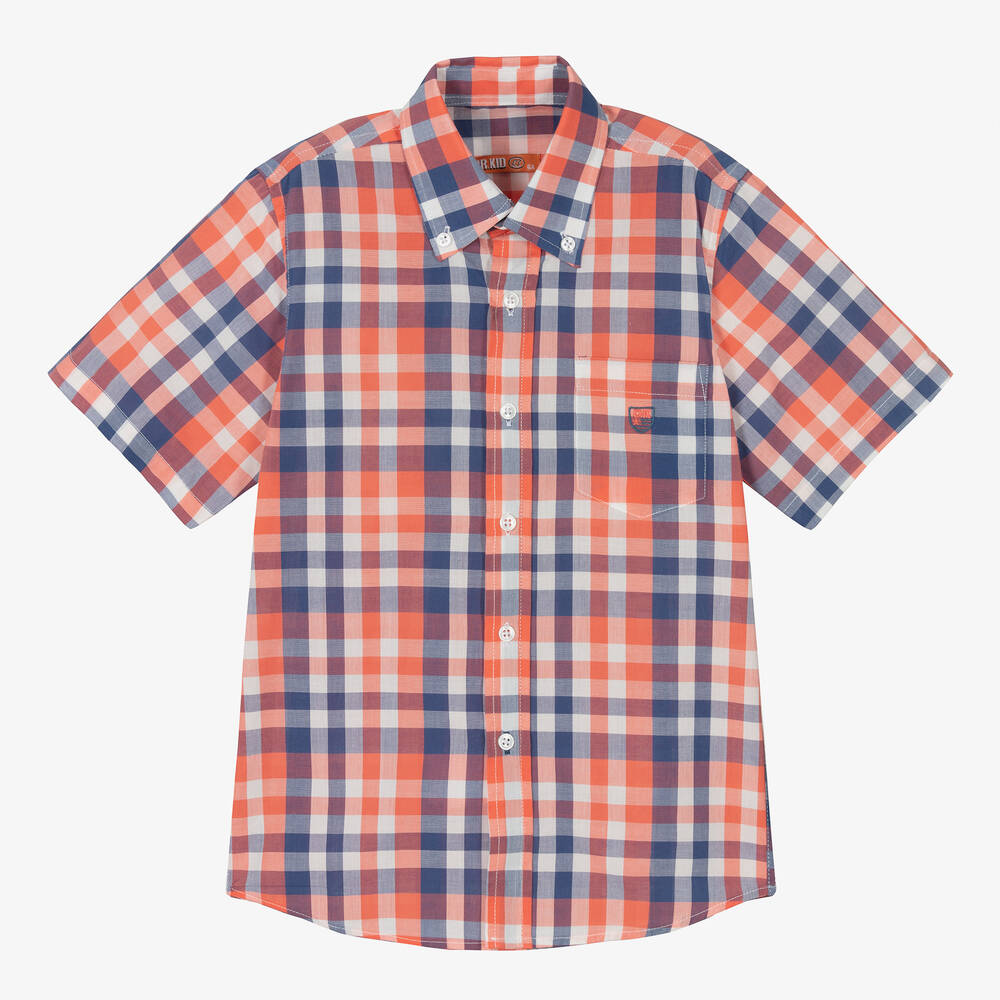 Dr. Kid-Boys Orange & Blue Cotton Check Shirt | Childrensalon Outlet