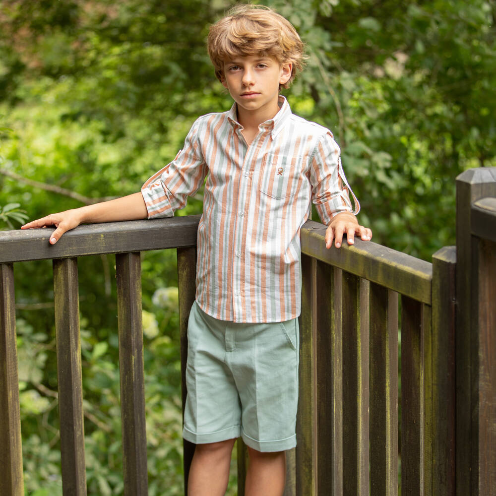 Dr. Kid-Boys Orange & Green Striped Cotton Shirt | Childrensalon Outlet