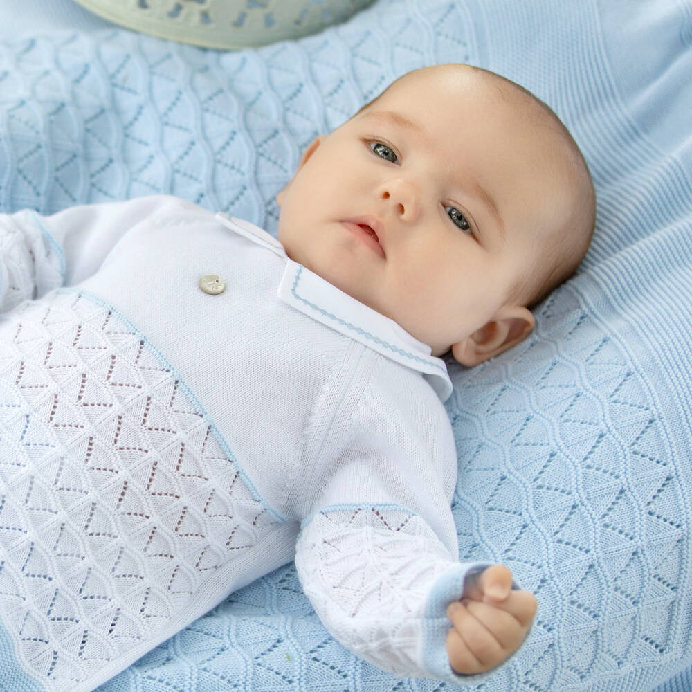 Dr. Kid-Boys Soft Blue & White Knit Onesie | Childrensalon Outlet