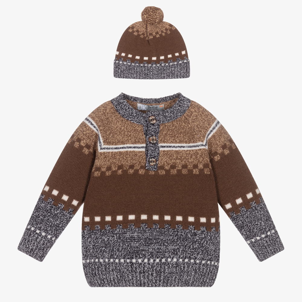 Dr. Kid - Pull et bonnet marron maille  | Childrensalon