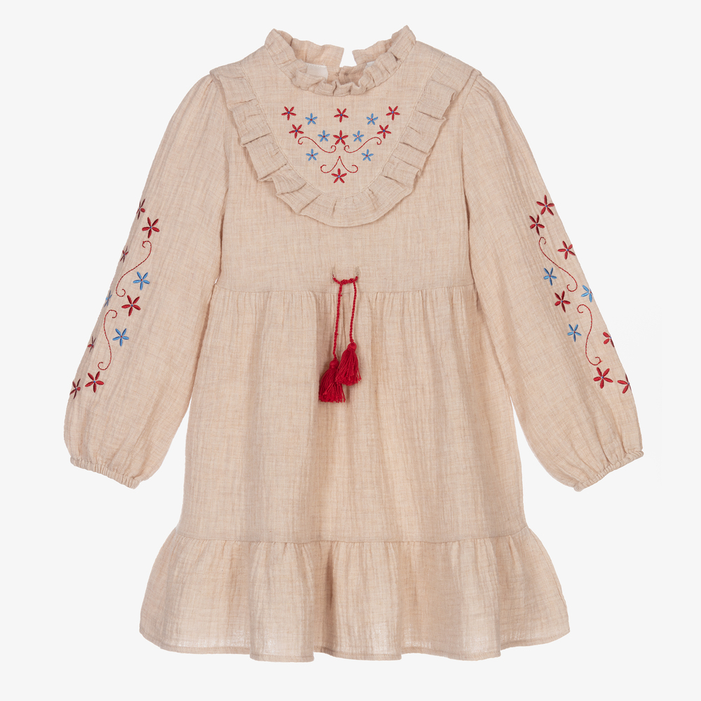 Dr. Kid - Girls Beige Embroidered Dress | Childrensalon