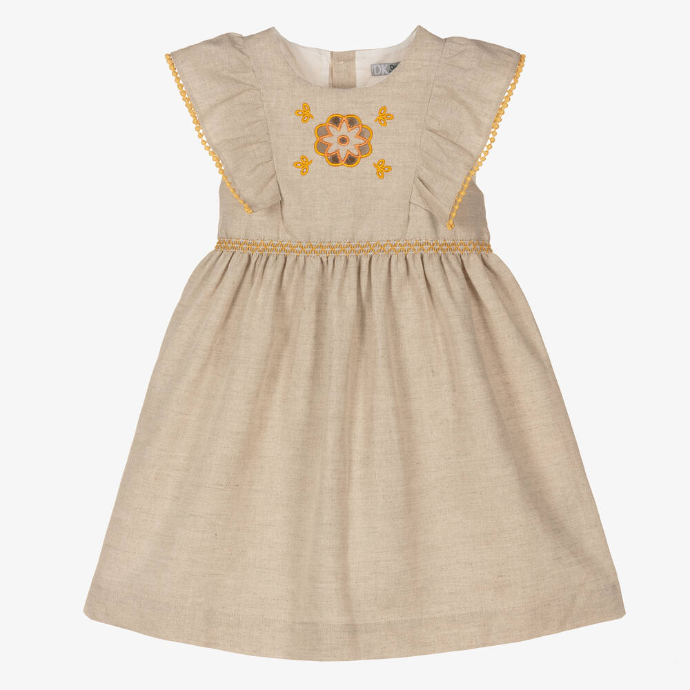 Dr. Kid - Girls Beige Linen & Cotton Dress | Childrensalon