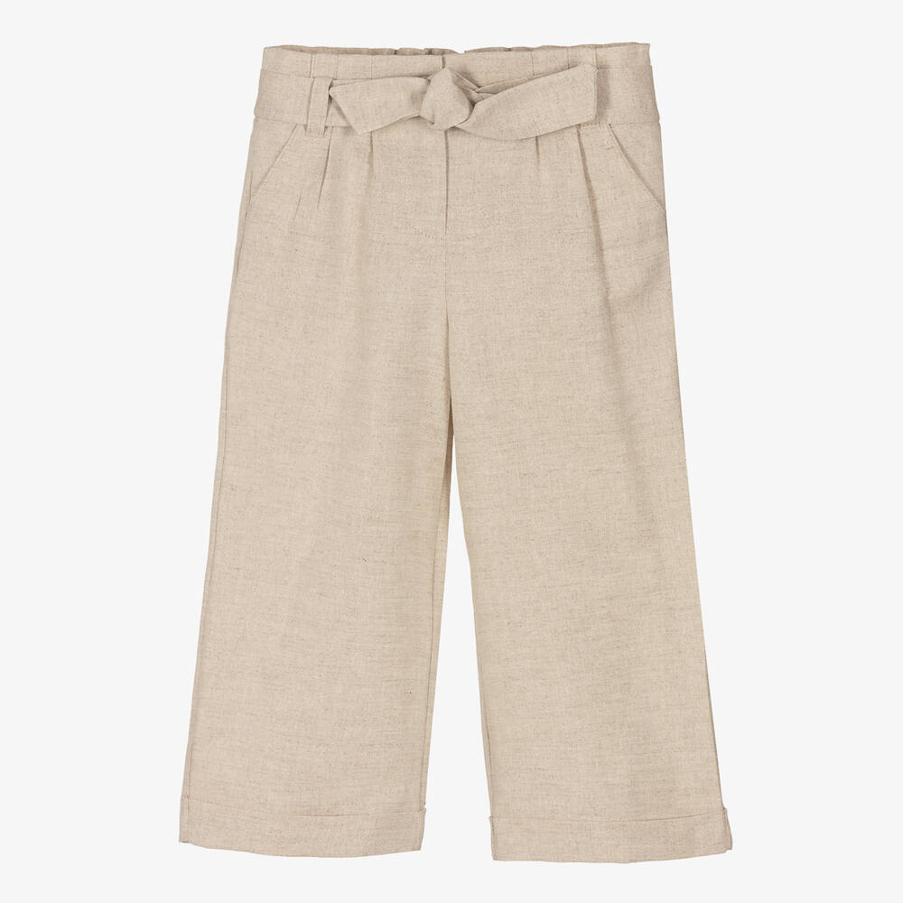 Dr. Kid - Girls Beige Linen Wide Leg Trousers | Childrensalon