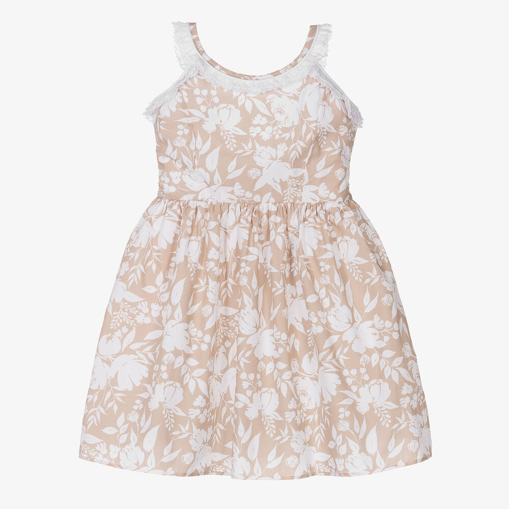 Dr. Kid - Girls Beige & White Floral Print Dress | Childrensalon