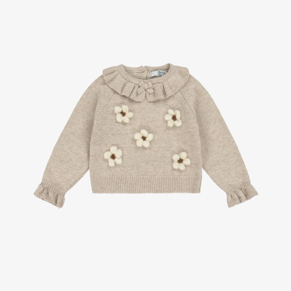 Dr. Kid-Уютный бежевый вязаный свитер с цветочным узором для девочек | Childrensalon Outlet
