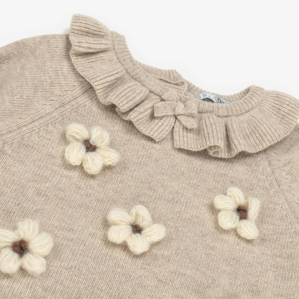 Dr. Kid-Уютный бежевый вязаный свитер с цветочным узором для девочек | Childrensalon Outlet