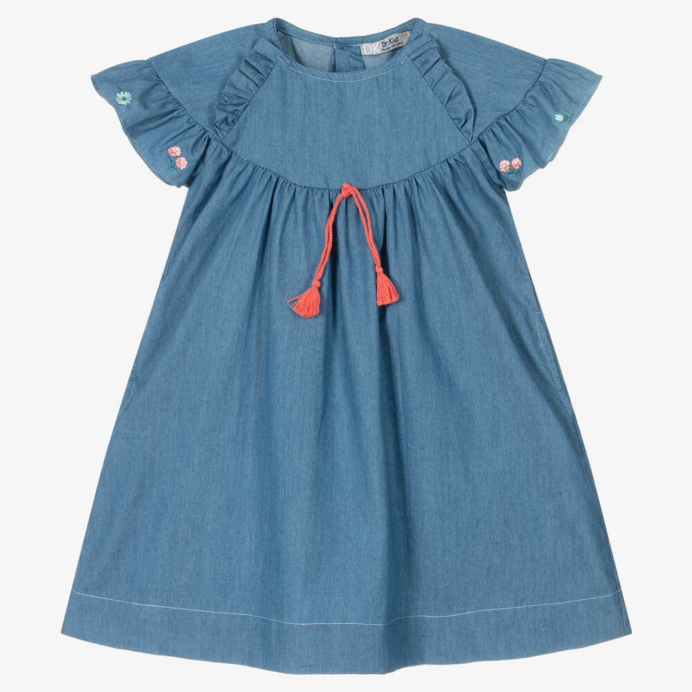 Dr. Kid - Голубое платье из шамбре с рюшами  | Childrensalon
