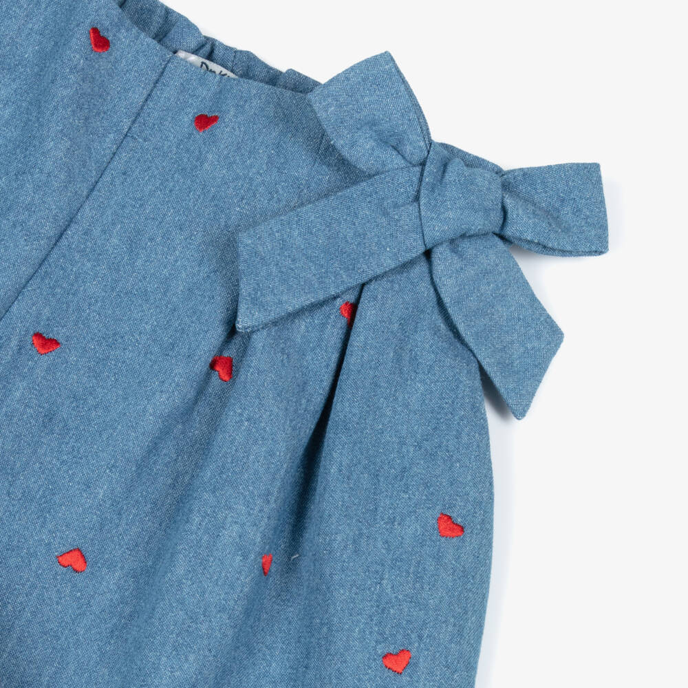 Dr. Kid-Girls Blue Chambray Shorts with Red Embroidered Hearts | Childrensalon Outlet