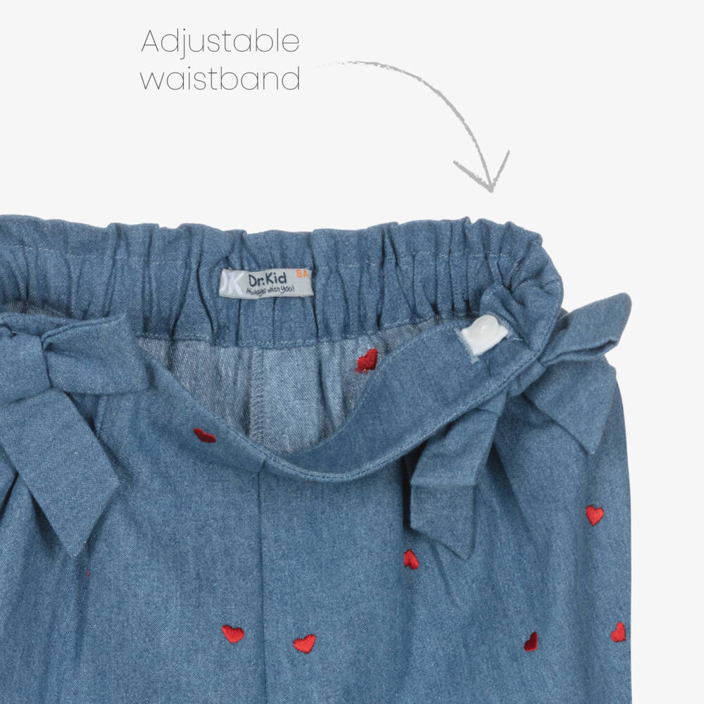 Dr. Kid-Girls Blue Chambray Shorts with Red Embroidered Hearts | Childrensalon Outlet