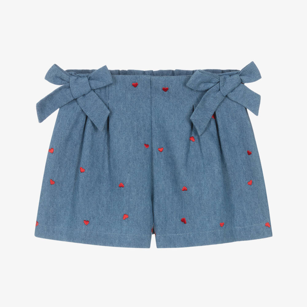 Dr. Kid-Girls Blue Chambray Shorts with Red Embroidered Hearts | Childrensalon Outlet