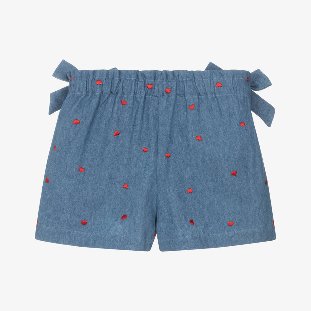 Dr. Kid-Girls Blue Chambray Shorts with Red Embroidered Hearts | Childrensalon Outlet