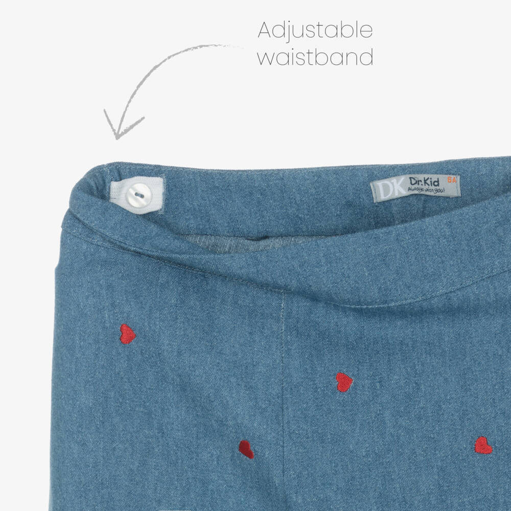 Dr. Kid-Girls Blue Chambray Trousers with Red Embroidered Hearts | Childrensalon Outlet