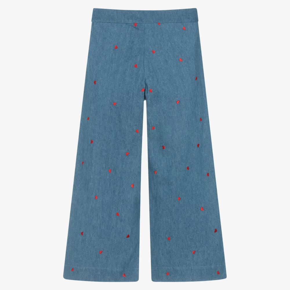 Dr. Kid-Girls Blue Chambray Trousers with Red Embroidered Hearts | Childrensalon Outlet