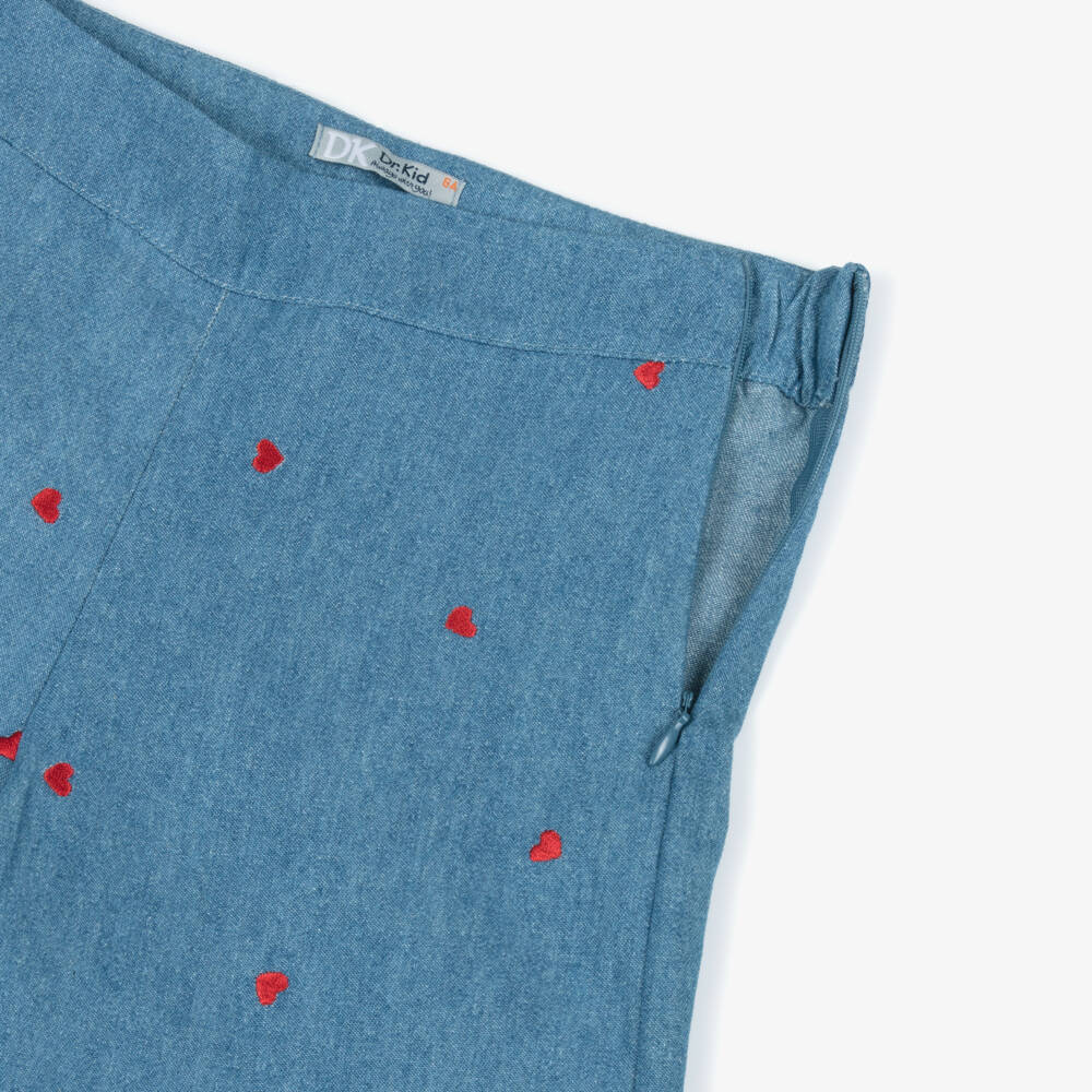 Dr. Kid-Girls Blue Chambray Trousers with Red Embroidered Hearts | Childrensalon Outlet