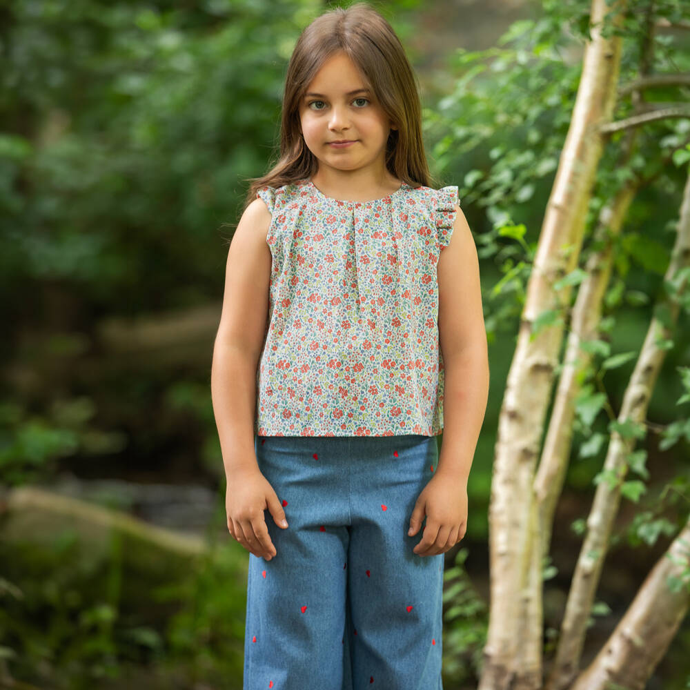 Dr. Kid-Girls Blue Chambray Trousers with Red Embroidered Hearts | Childrensalon Outlet