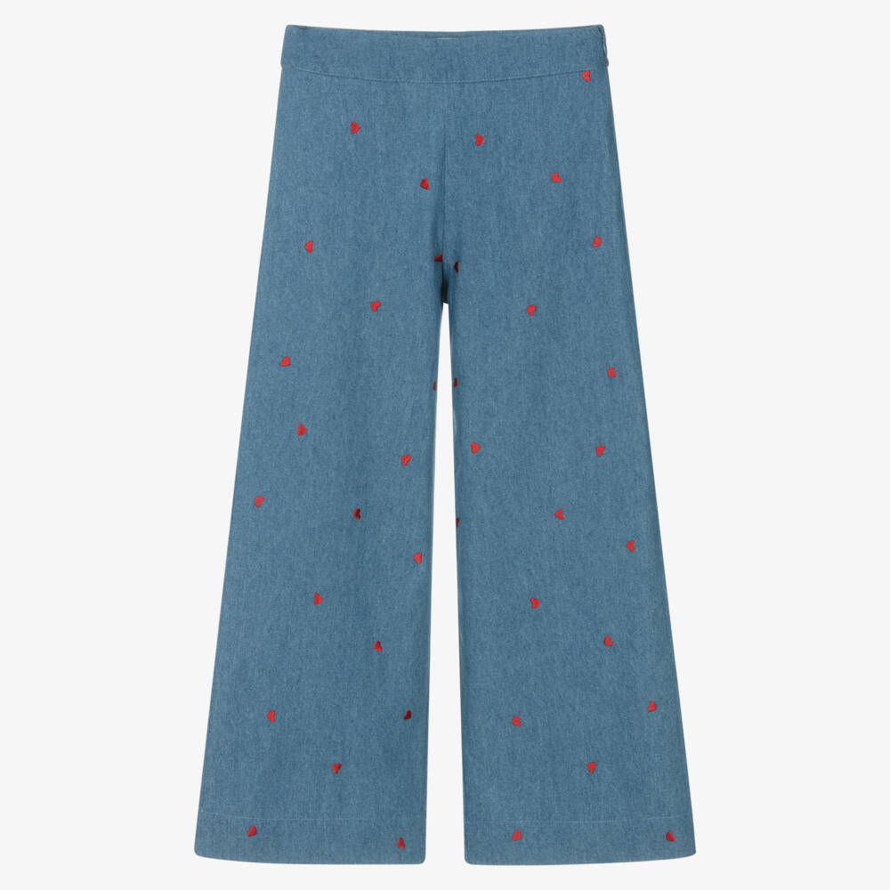 Dr. Kid-Girls Blue Chambray Trousers with Red Embroidered Hearts | Childrensalon Outlet