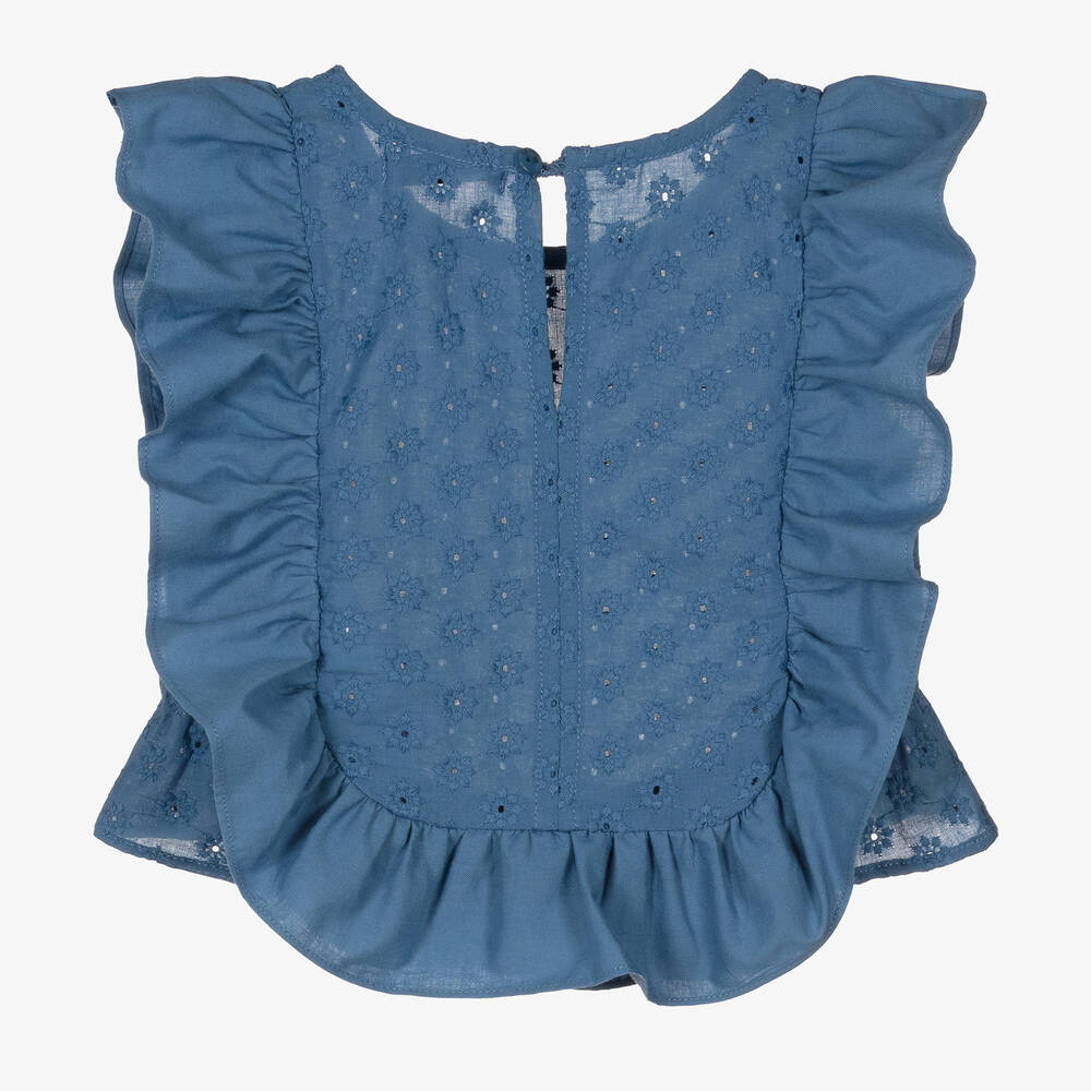 Dr. Kid-Girls Blue Cotton Broderie Anglaise Blouse | Childrensalon Outlet