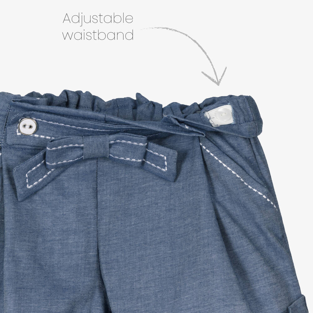 Dr. Kid-Girls Blue Cotton Chambray Bow Shorts | Childrensalon Outlet