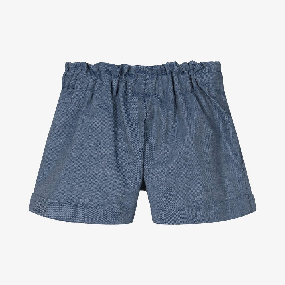 Dr. Kid-Girls Blue Cotton Chambray Bow Shorts | Childrensalon Outlet