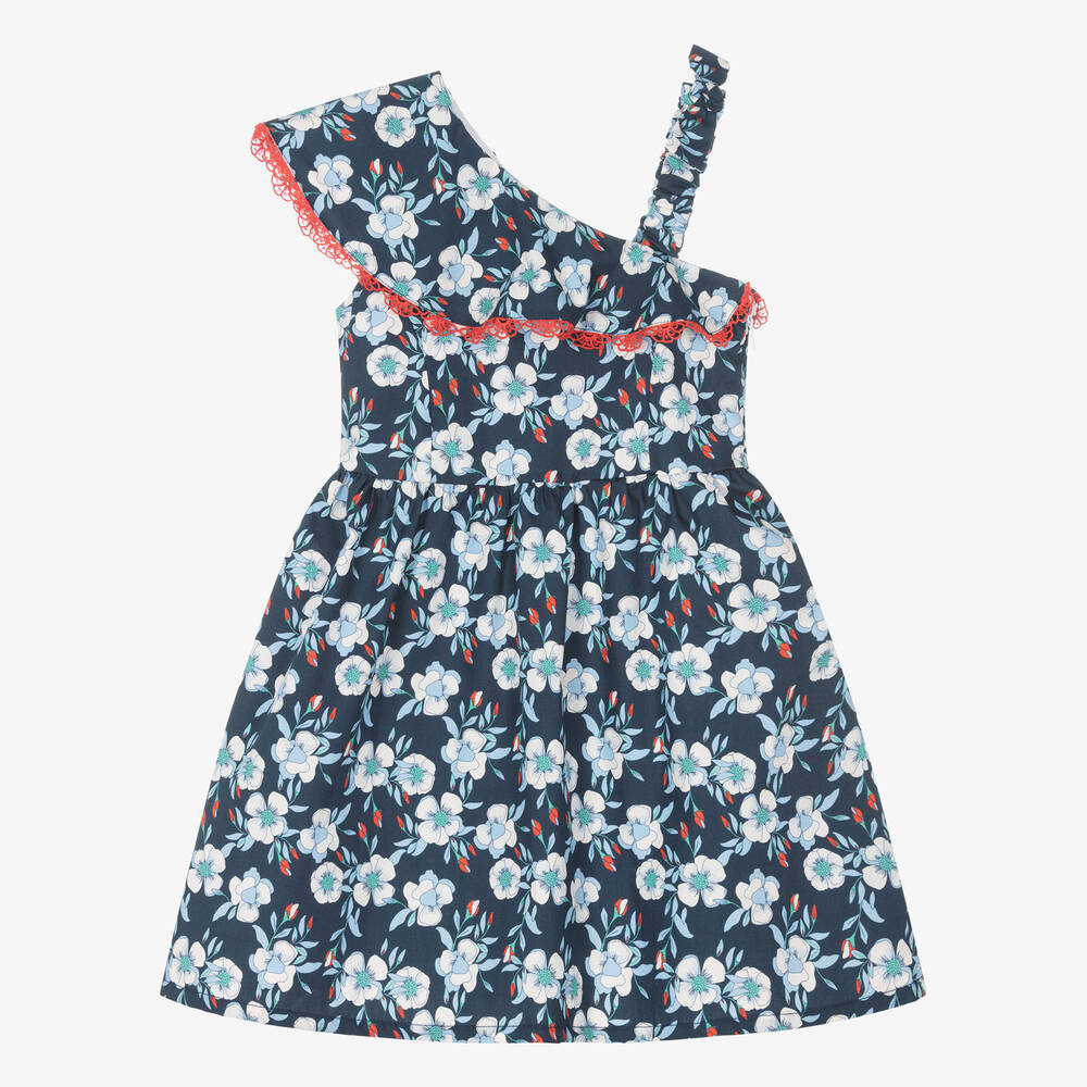 Dr. Kid-Girls Blue Cotton Floral Frill Dress | Childrensalon Outlet