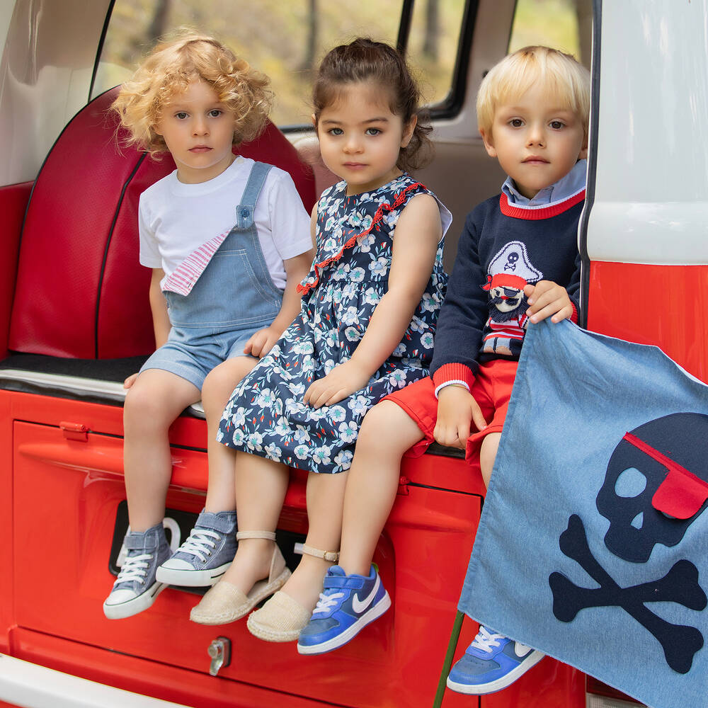 Dr. Kid-فستان قطن بوبلين لون كحلي وأبيض بطبعة ورود | Childrensalon Outlet