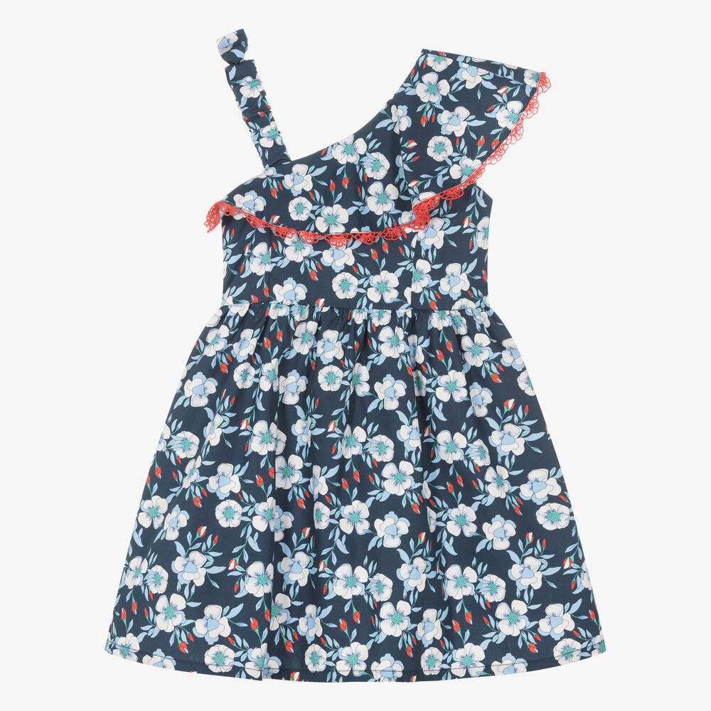 Dr. Kid-فستان قطن بوبلين لون كحلي وأبيض بطبعة ورود | Childrensalon Outlet