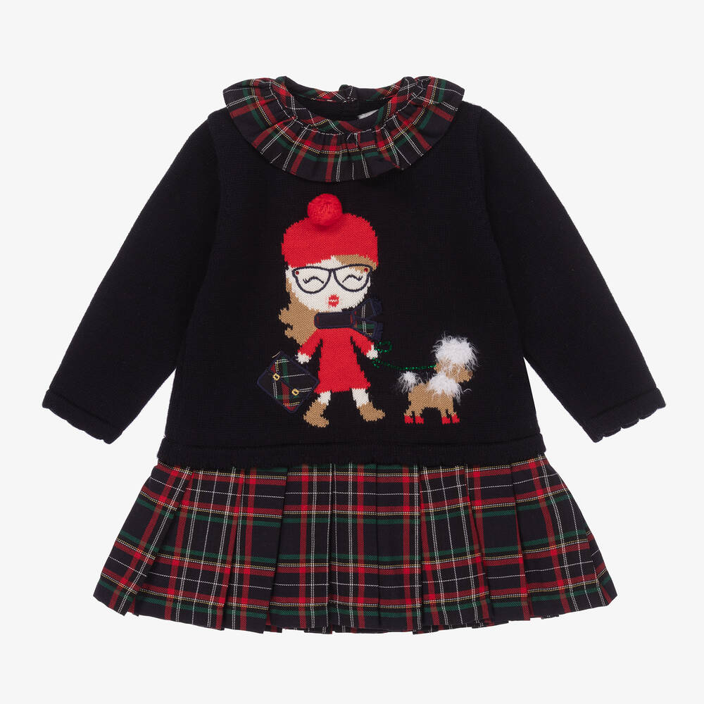 Dr. Kid - Girls Blue Cotton Knit Tartan Dress | Childrensalon