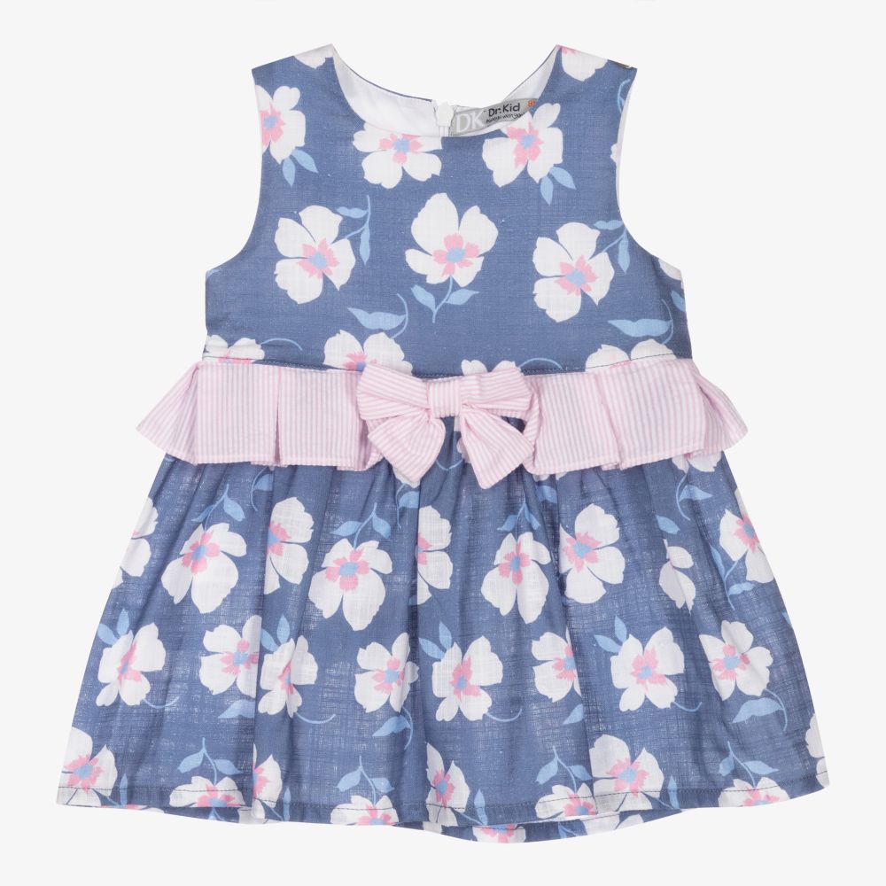 Dr. Kid - Синее хлопковое платье с цветами для девочек | Childrensalon