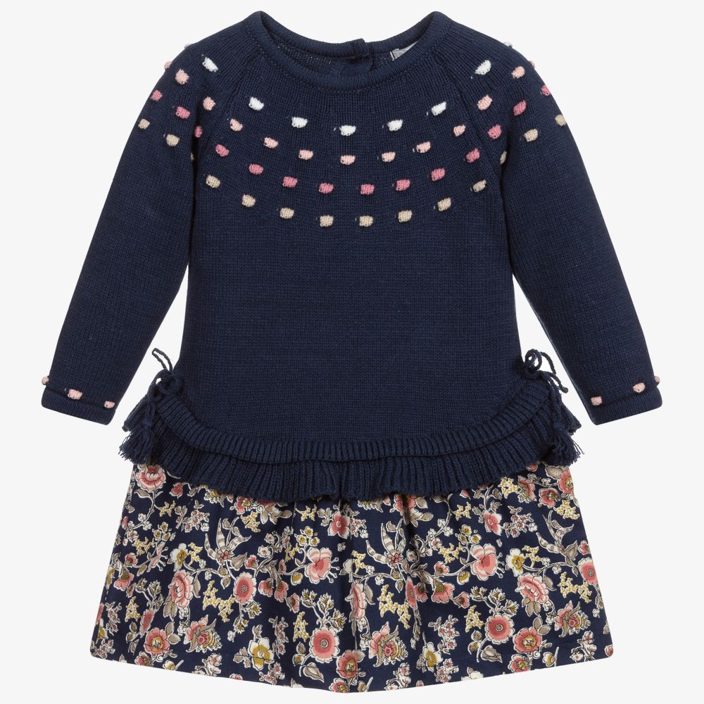 Dr. Kid - Girls Blue Knit & Floral Dress | Childrensalon