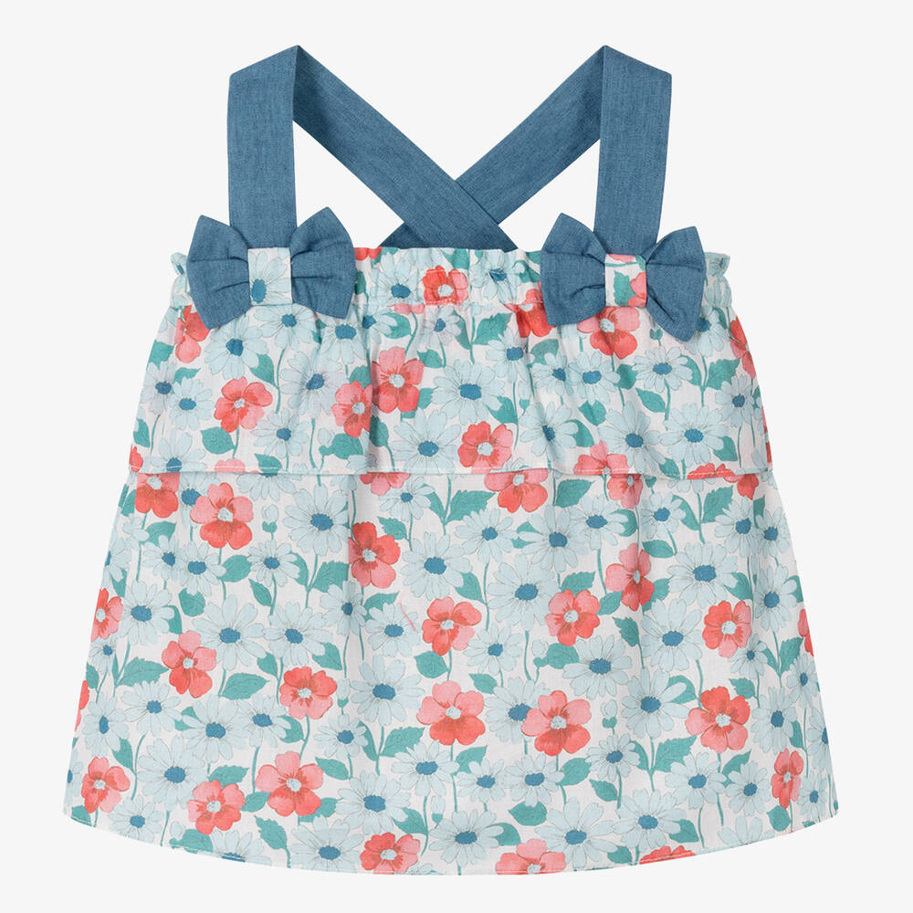 Dr. Kid - Girls Blue & Pink Floral Cotton Top | Childrensalon