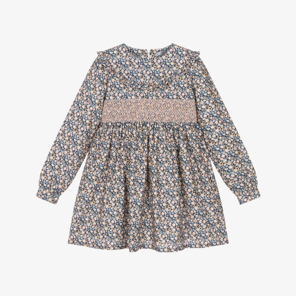 Dr. Kid-Girls Blue & Pink Floral Cotton Twill Smocked Dress | Childrensalon Outlet