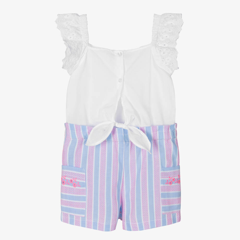 Dr. Kid - Girls Blue & Pink Striped Cotton Playsuit | Childrensalon
