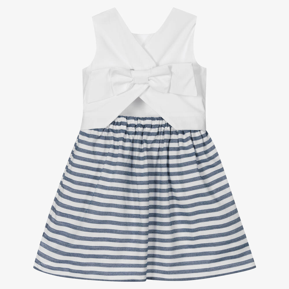 Dr. Kid-Белое платье в синюю полоску с бантом | Childrensalon Outlet
