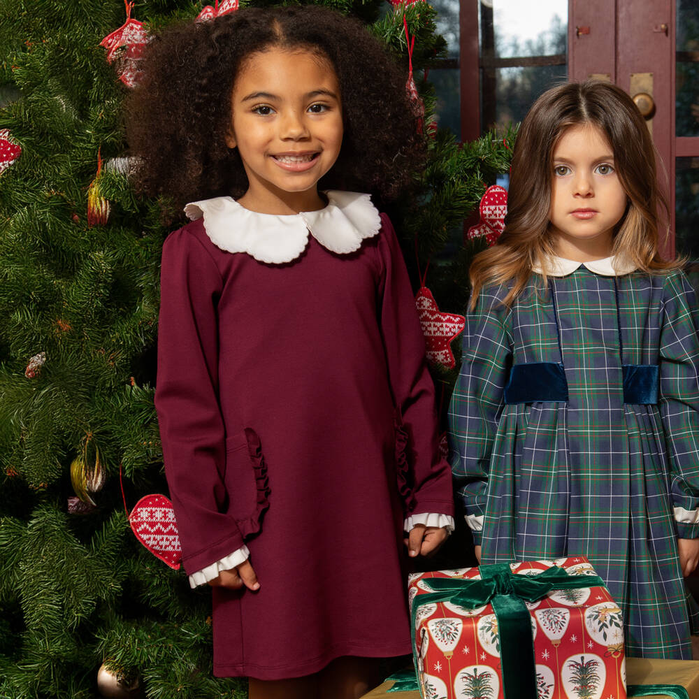 Dr. Kid-Girls Burgundy Red Milano Jersey Dress with White Collar | Childrensalon Outlet