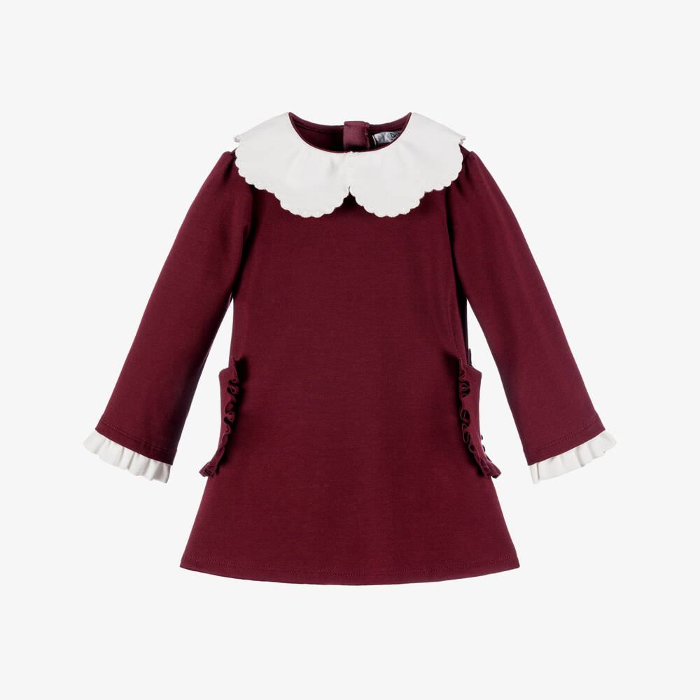 Dr. Kid-Girls Burgundy Red Milano Jersey Dress with White Collar | Childrensalon Outlet