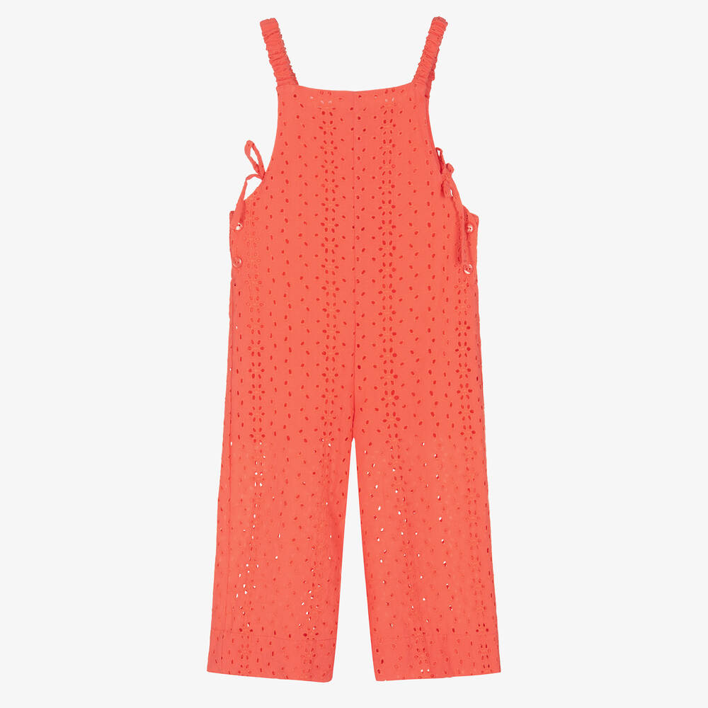 Dr. Kid - Girls Coral Red Embroidered Jumpsuit | Childrensalon