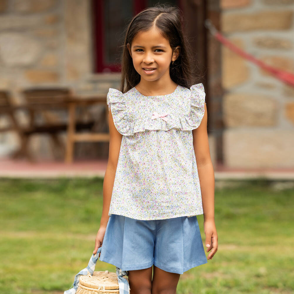 Dr. Kid-Girls Elegant Blue Linen Blend Shorts | Childrensalon Outlet