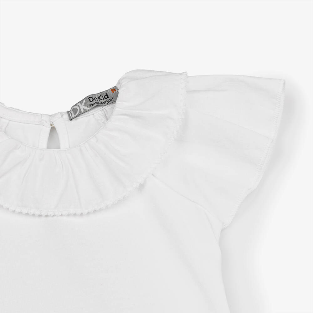 Dr. Kid-Girls Elegant White Ruffle Neck Tee | Childrensalon Outlet