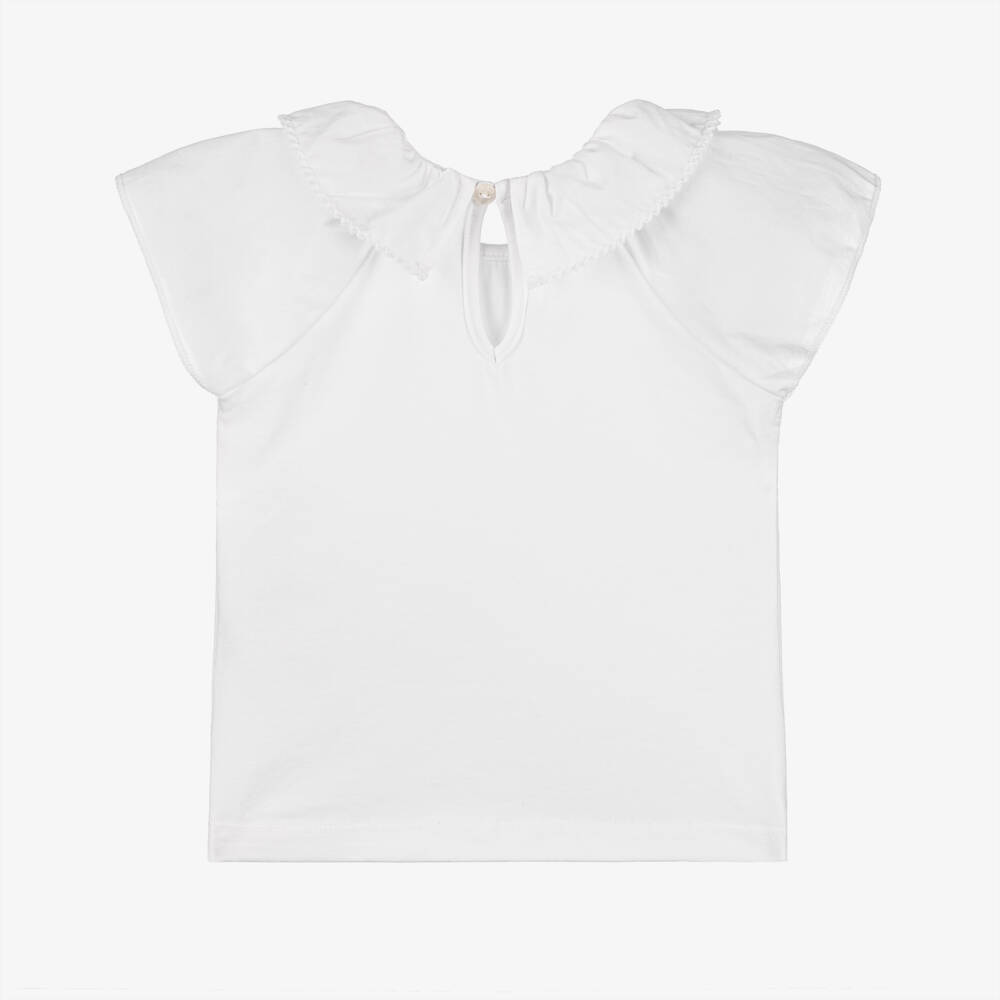 Dr. Kid-Girls Elegant White Ruffle Neck Tee | Childrensalon Outlet