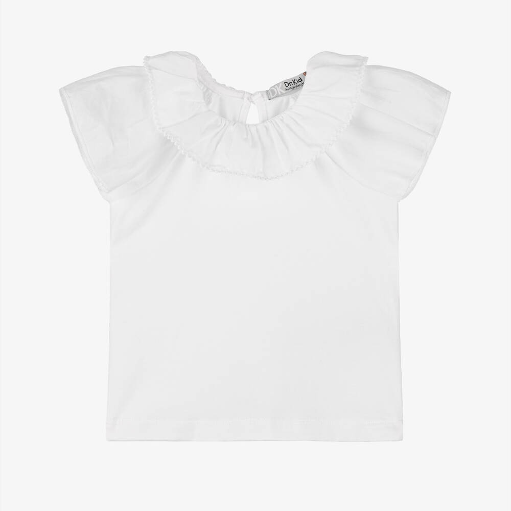 Dr. Kid-Girls Elegant White Ruffle Neck Tee | Childrensalon Outlet
