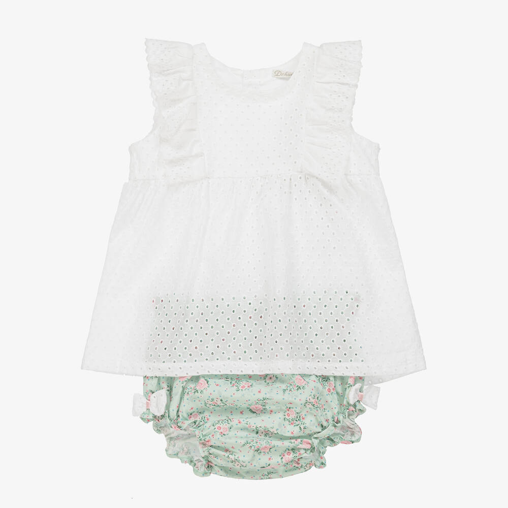 Dr. Kid - Girls Green & White Cotton Short Set  | Childrensalon