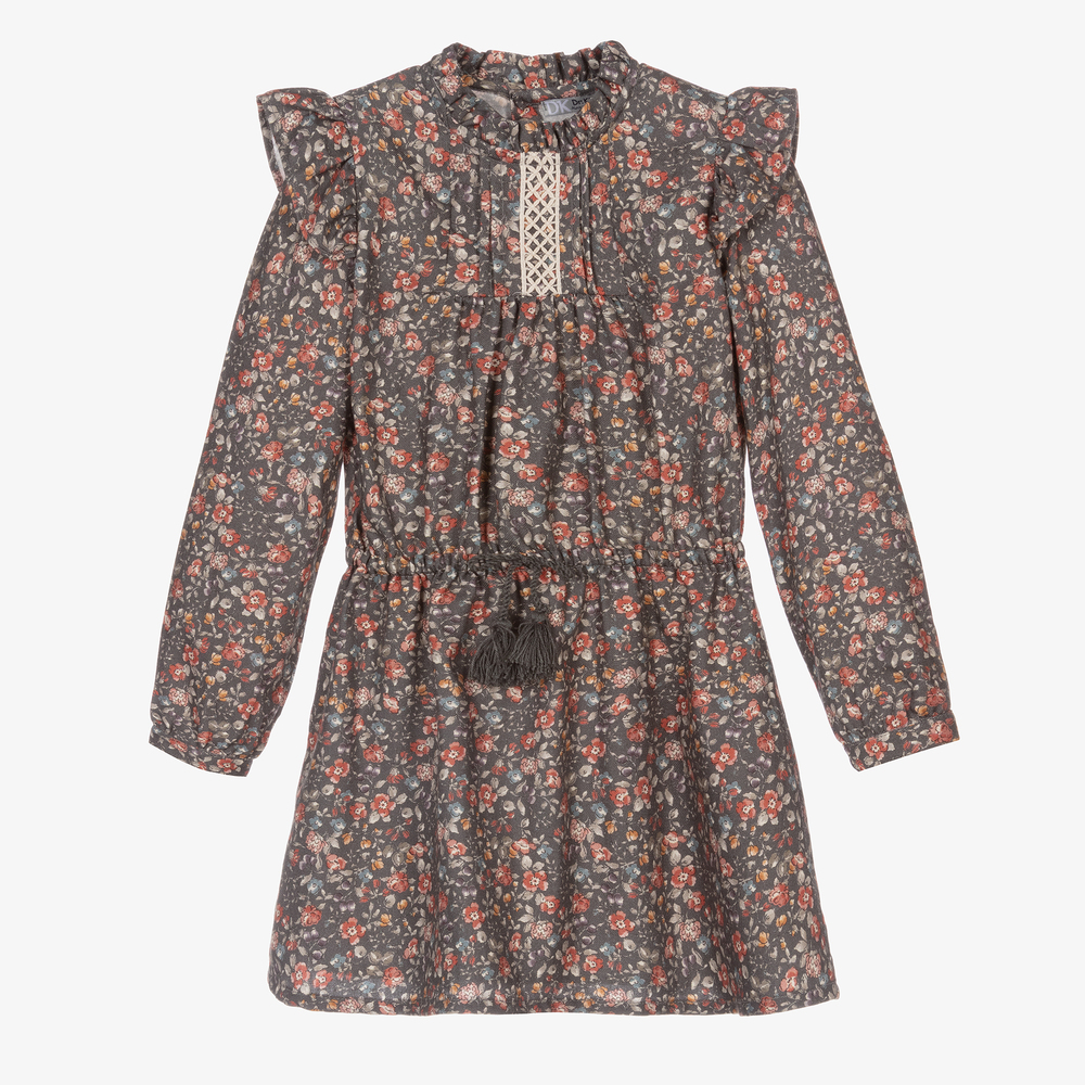 Dr. Kid - Robe grise coton fleurs fille | Childrensalon