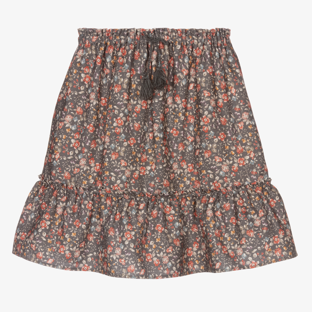 Dr. Kid - Girls Grey Floral Cotton Skirt | Childrensalon