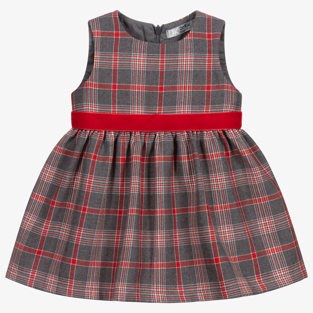 Dr. Kid - Girls Grey & Red Check Dress | Childrensalon