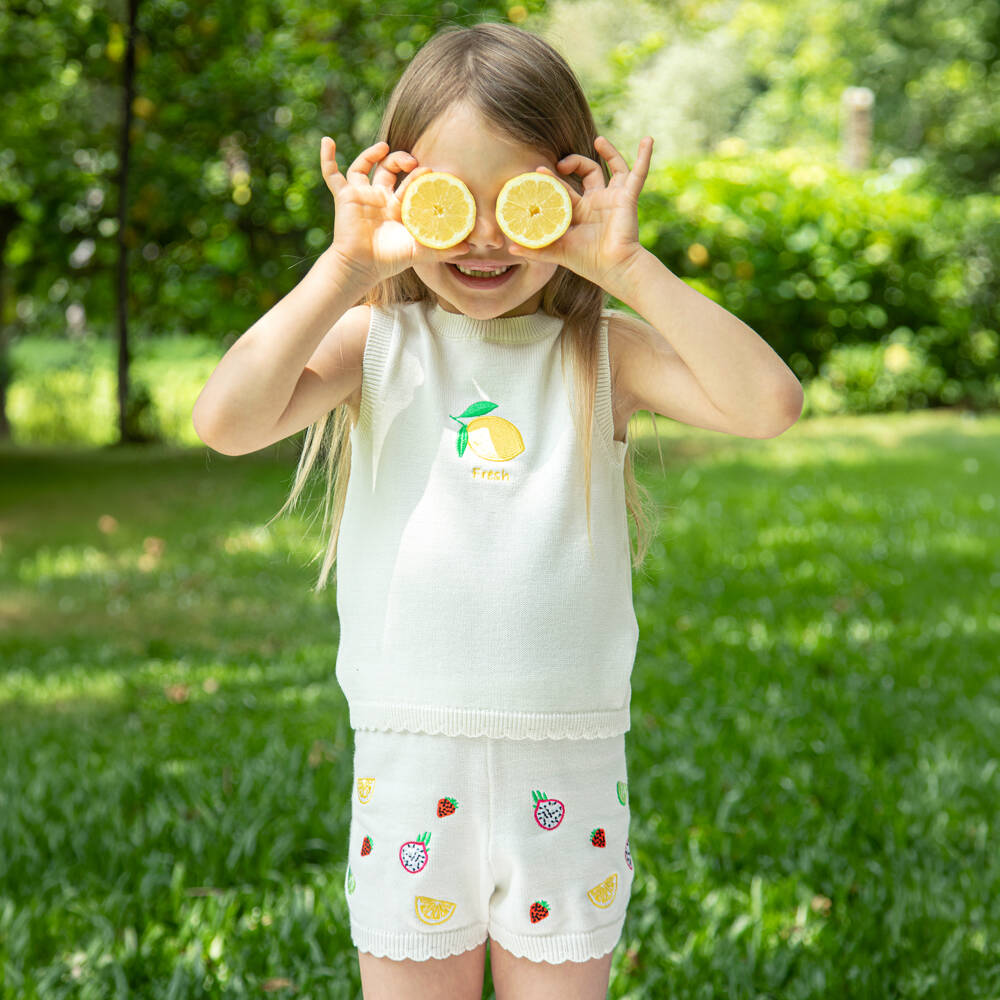 Dr. Kid-Girls Ivory Cotton Knit Shorts with Fruit Embroidery | Childrensalon Outlet