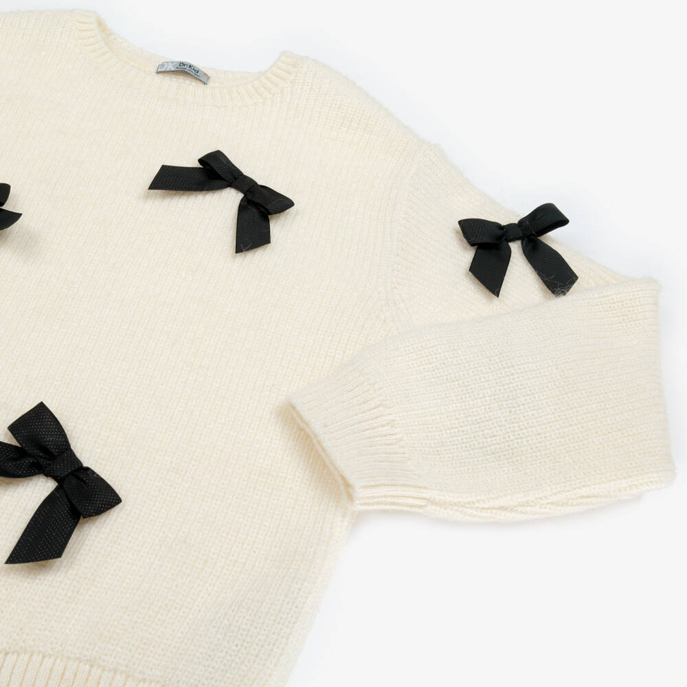 Dr. Kid-Girls Ivory Cotton Knit Sweater with Black Bows | Childrensalon Outlet